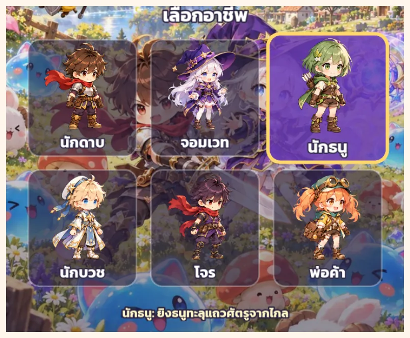 หน้าเลือกอาชีพในเกม นักดาบ จอมเวท นักธนู นักบวช โจร และพ่อค้า