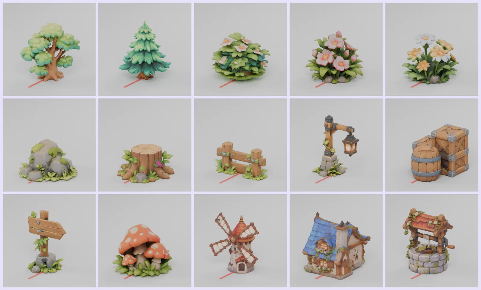 ของตกแต่งฉาก 3D ต้นไม้ ต้นสน พุ่มดอกไม้ หิน ตอไม้ รั้ว โคมไฟ ลังไม้ ป้าย กอเห็ด กังหันลม บ้าน และบ่อน้ำ